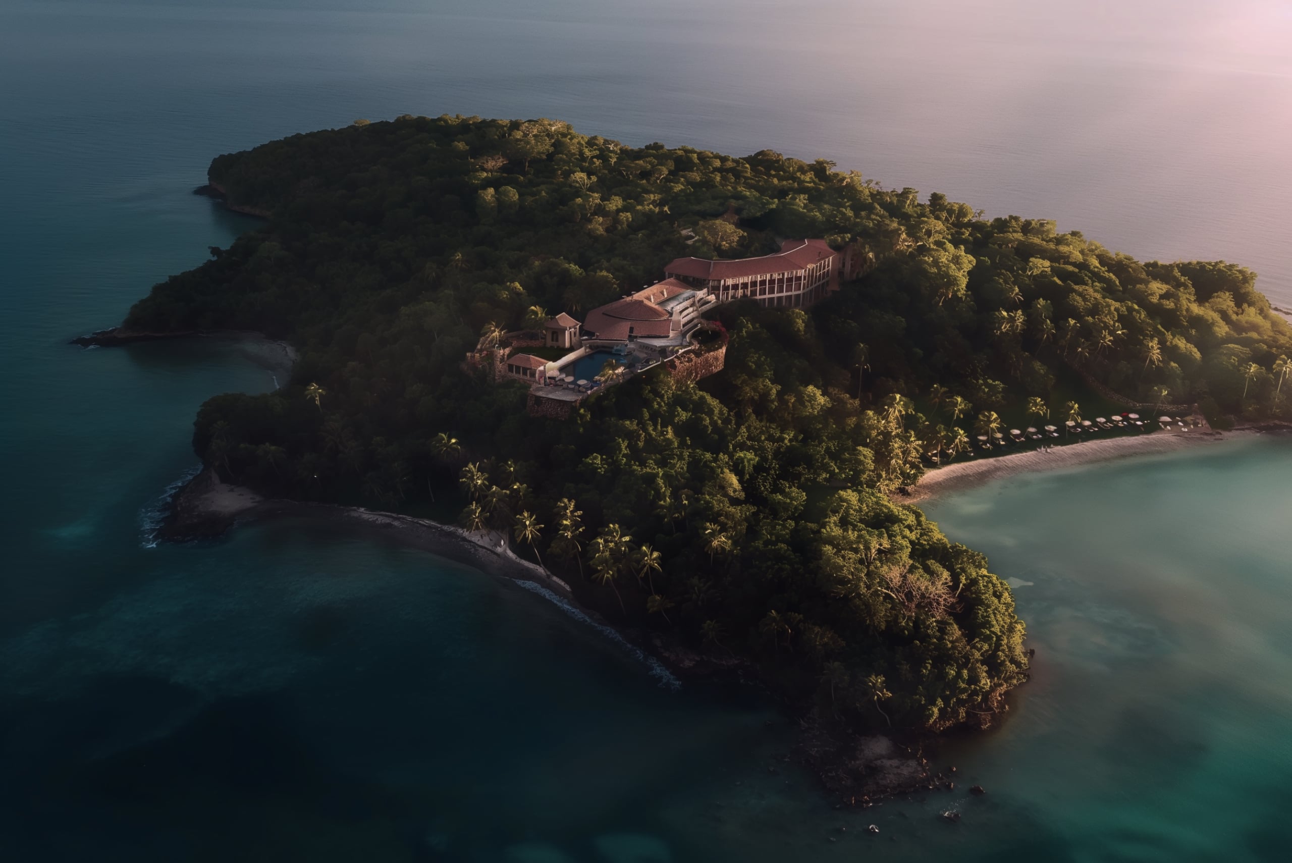 Aerial shot of a small tropical island with a hotel between the trees